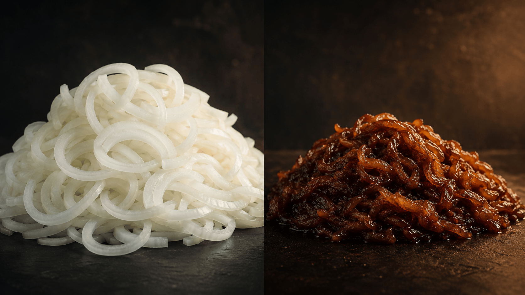 A pile of deep golden-brown caramelized onions in a cast iron pan. Natural warm lighting. No faces, no hands.