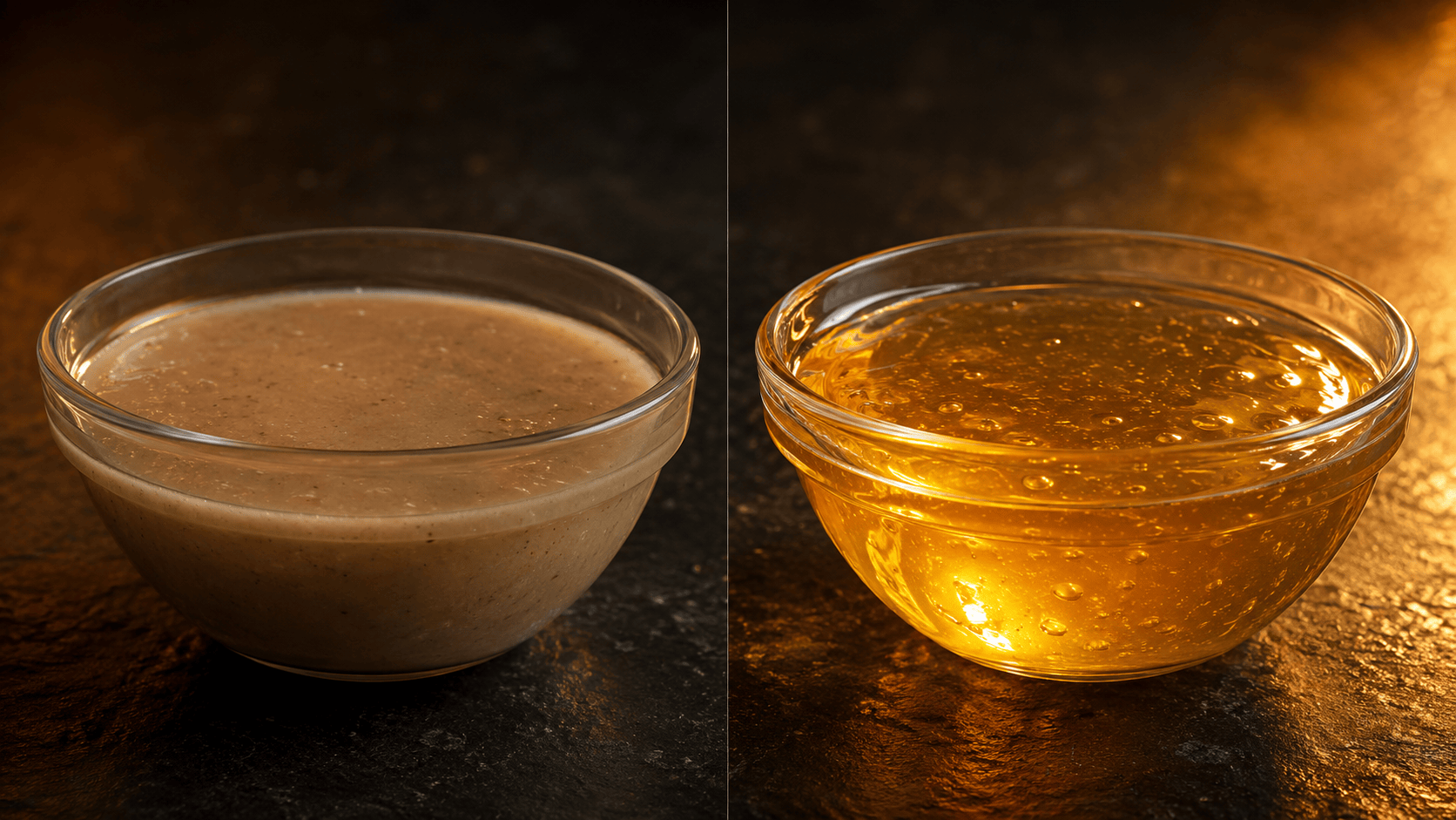 Two bowls of sauce side by side — one glossy and translucent, one opaque and creamy. Natural warm lighting. No faces, no hands.