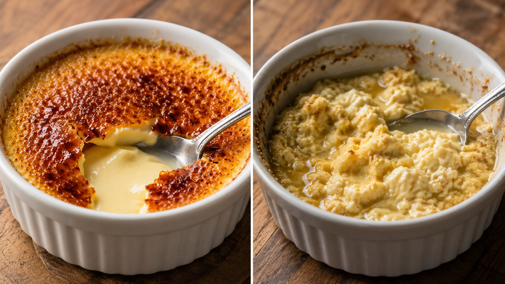 A split image: one side shows a perfectly smooth crème brûlée with caramelized sugar top, the other shows a grainy, curdled custard. Natural warm kitchen lighting. No faces, no hands.