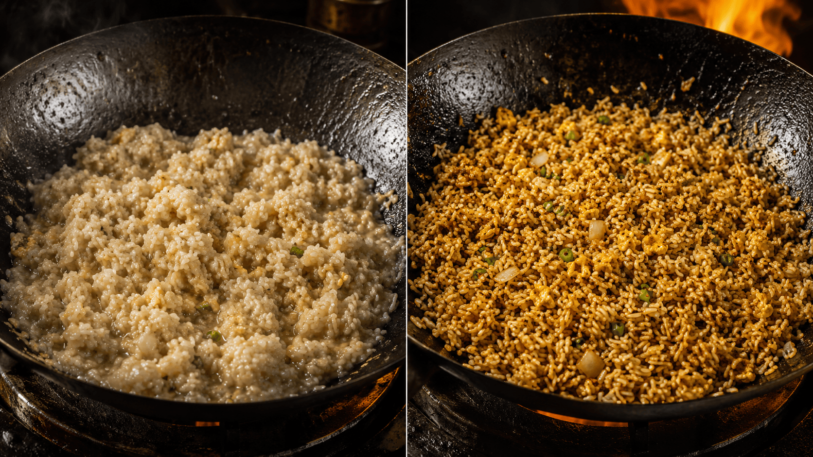 A wok of fried rice with distinct, separate grains and visible wok hei char. Natural warm lighting. No faces, no hands.