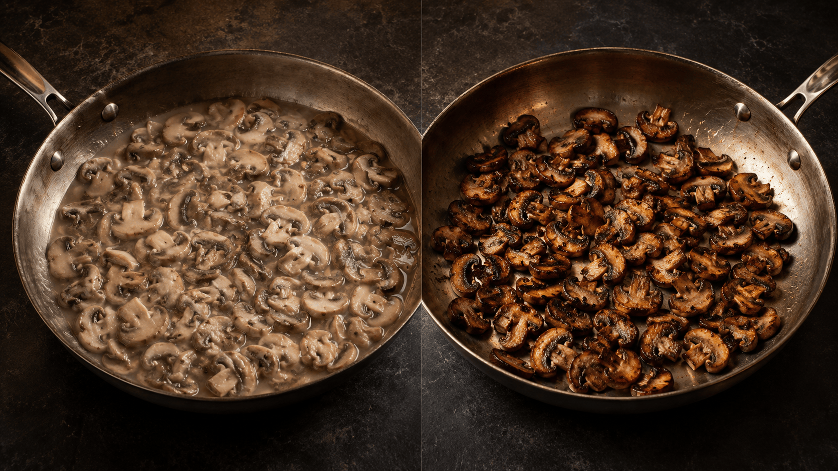 Golden brown seared mushrooms in a cast iron pan next to pale steamed ones. Natural warm lighting. No faces, no hands.