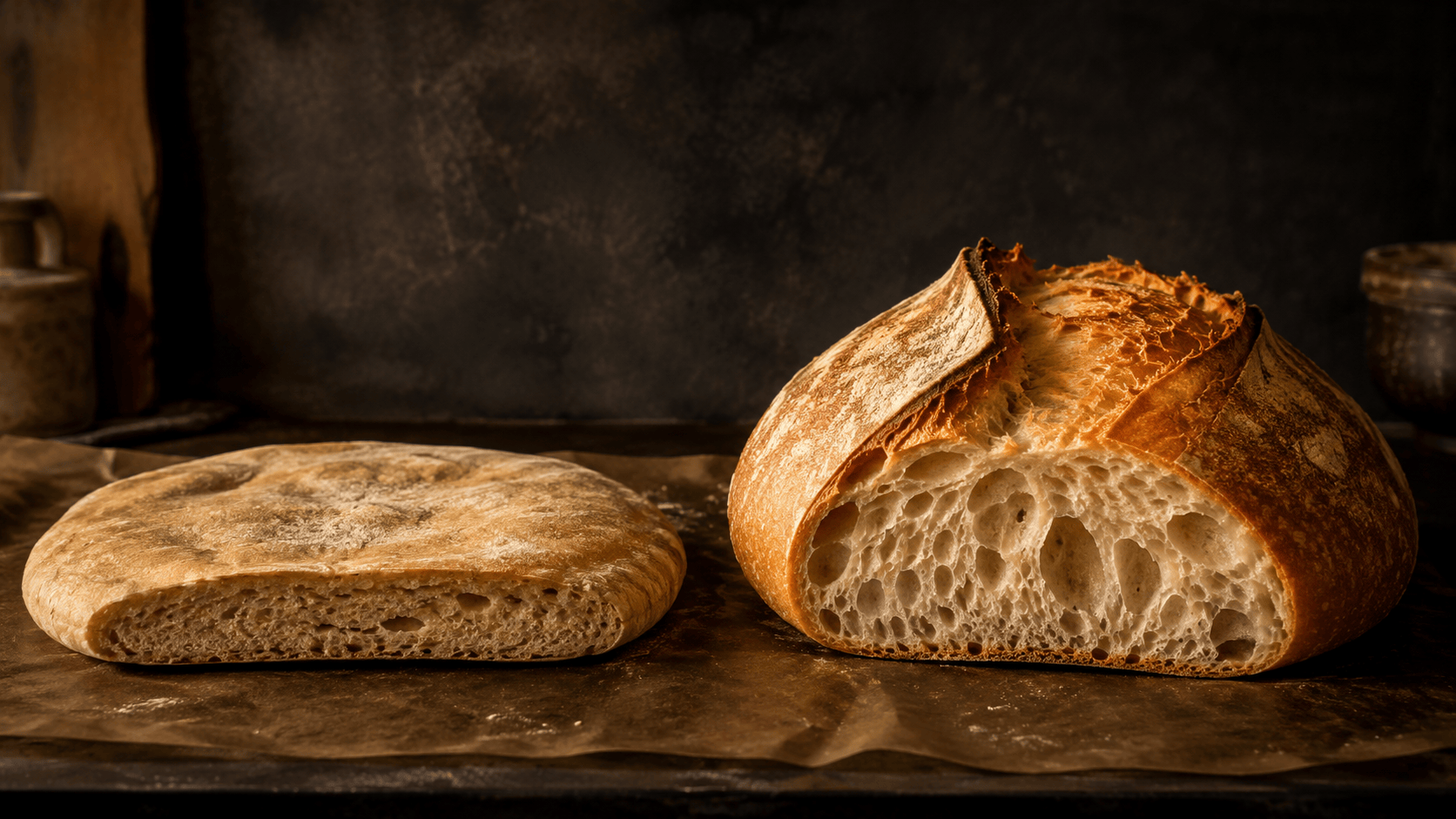 A bowl of deflated, overproofed dough next to a properly proofed dome of dough. Natural warm lighting. No faces, no hands.