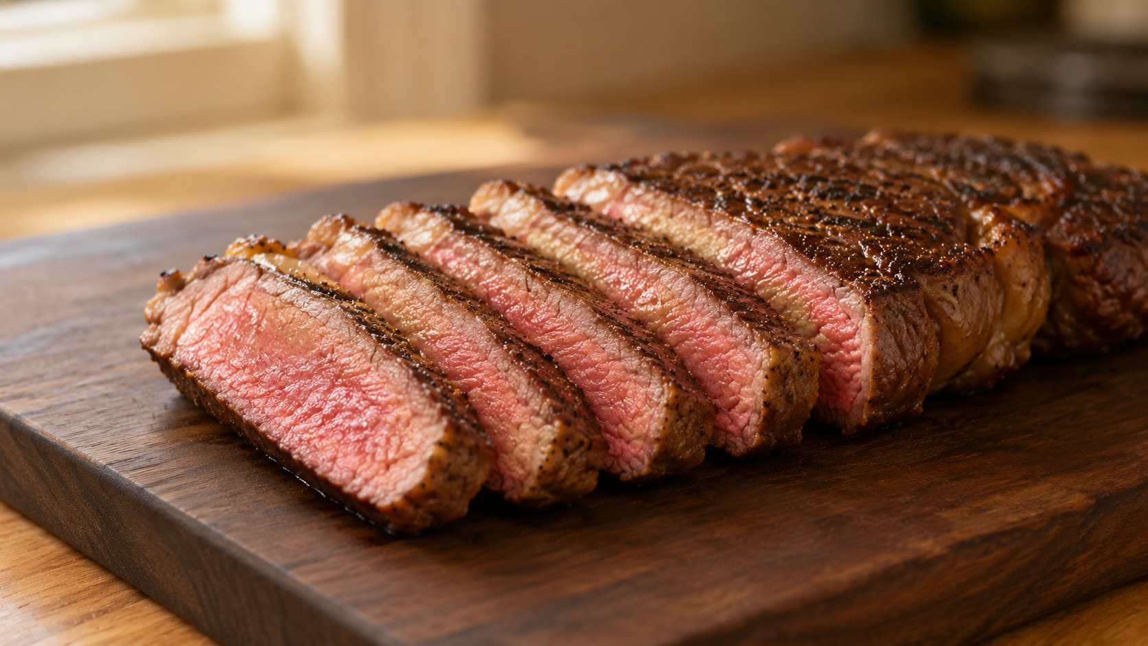 A sliced medium-rare steak resting on a dark wooden cutting board with a clean, dry surface and warm natural kitchen lighting.