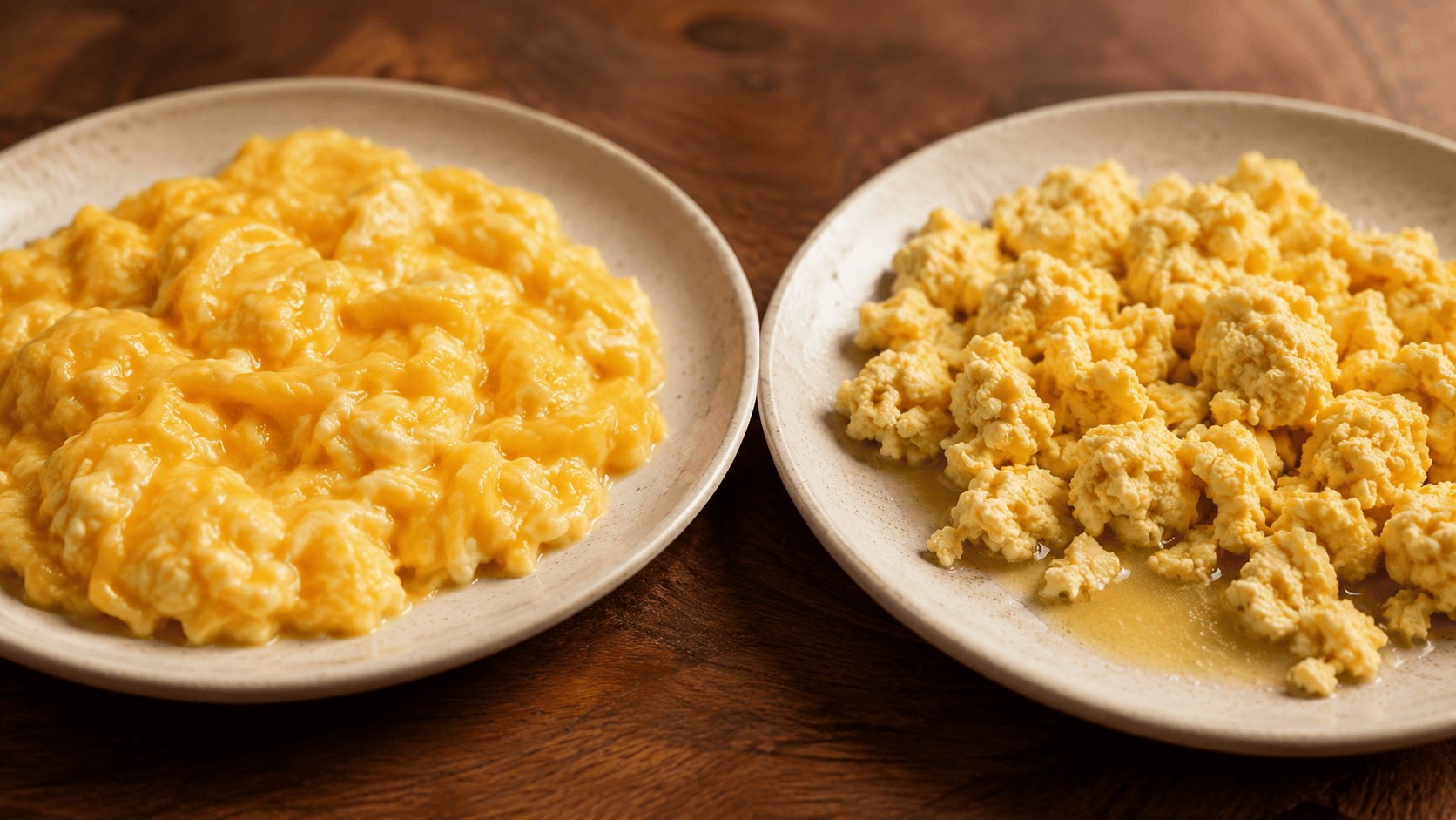 A split plate: one side shows creamy soft scrambled eggs, the other shows dry rubbery scrambled eggs. Natural warm kitchen lighting. No faces, no hands.