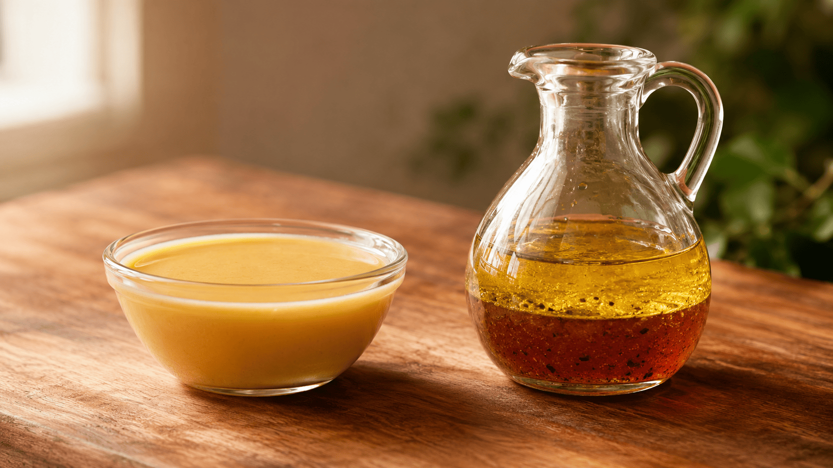 A small bowl of emulsified vinaigrette next to a cruet of separated oil and vinegar, on a wooden surface. Natural warm kitchen lighting. No faces, no hands.
