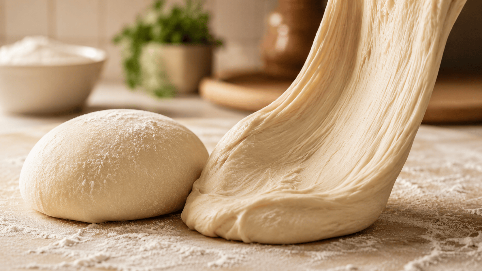 A smooth relaxed dough ball on a floured wooden surface, surface taut and slightly domed, flour dusting. Warm natural kitchen lighting. No faces, no hands.