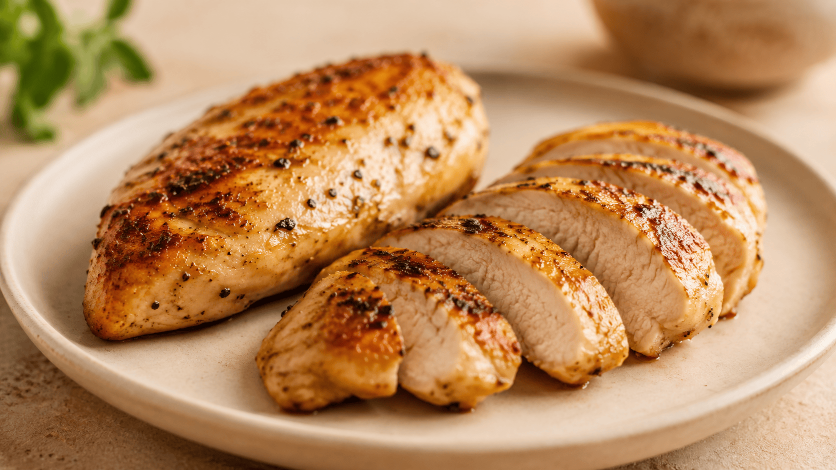 A seared chicken breast sliced on a wooden cutting board, golden crust visible, juices glistening. Natural warm lighting. No faces, no hands.