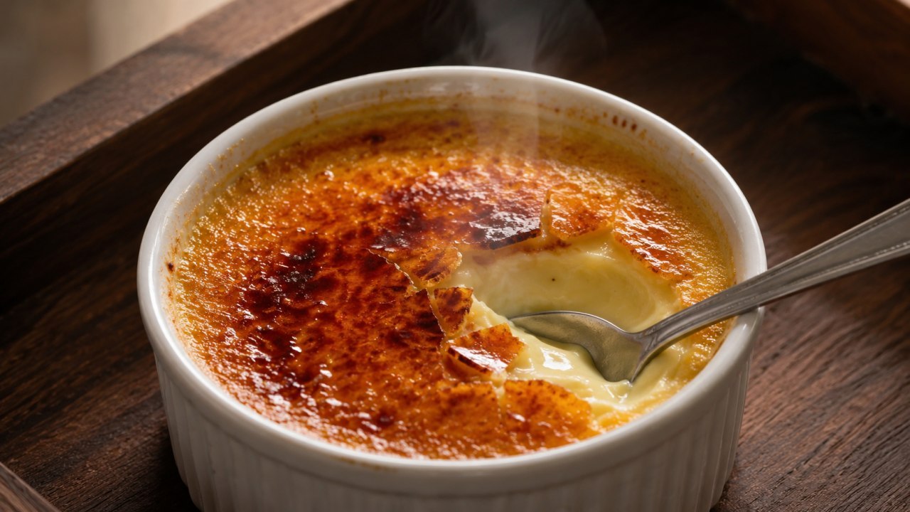 A single ramekin of crème brûlée on a wooden surface, caramelized sugar top cracked by a spoon revealing creamy custard beneath. Natural warm lighting. No faces, no hands.