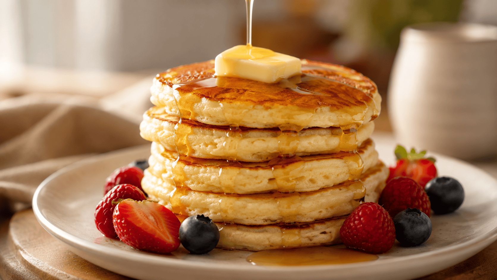 A stack of golden pancakes on a plate, one cut open revealing fluffy interior. Natural warm lighting. No faces, no hands.