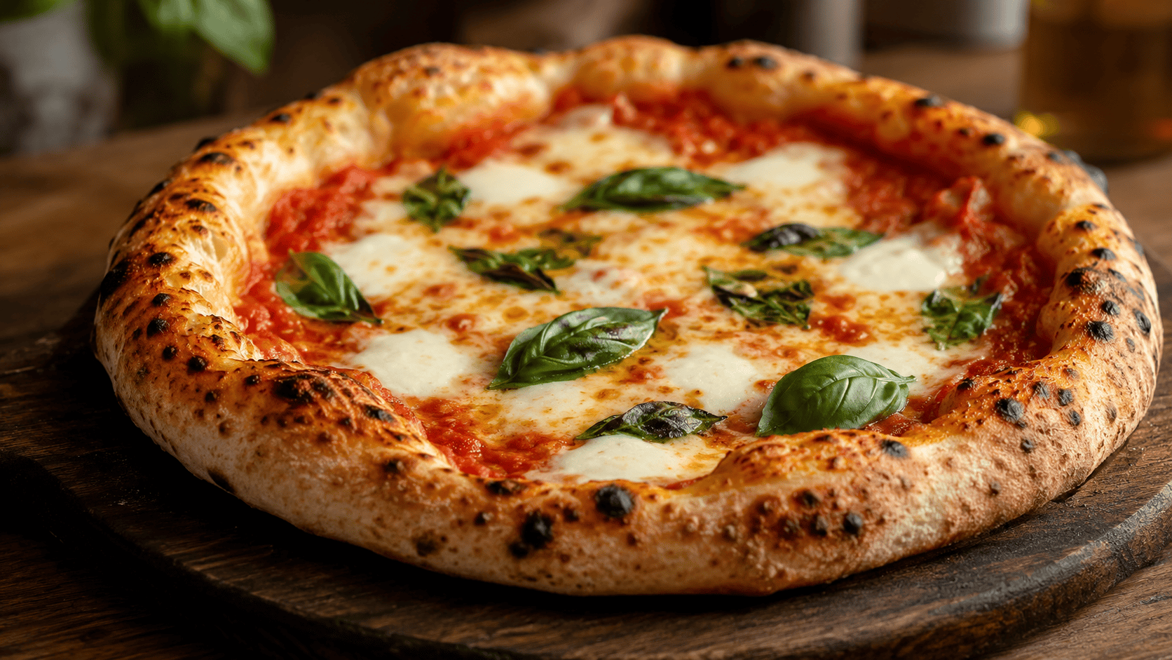 A baked pizza on a wooden peel, crust puffed and blistered, cheese bubbling, basil leaves scattered. Natural warm lighting. No faces, no hands.