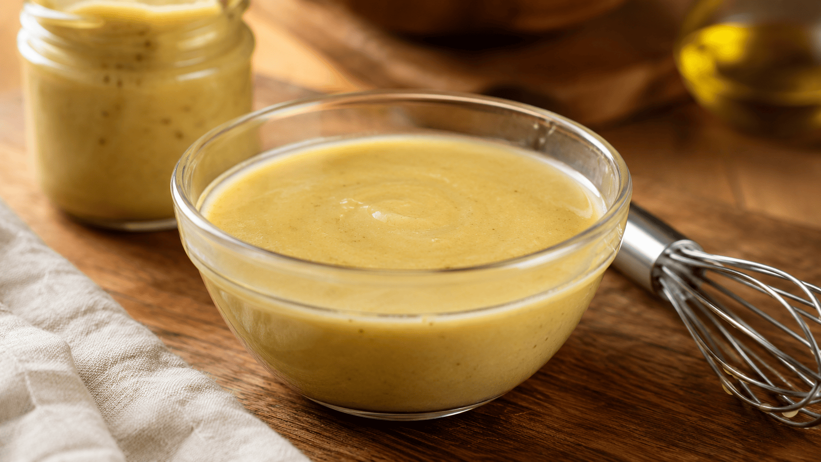 A small glass bowl of emulsified vinaigrette with a whisk resting beside it, mustard jar visible in the background. Natural warm light. No faces, no hands.